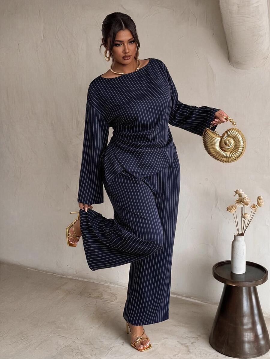 Firerie Plus Size Casual Commute Striped Shirt & Trousers Suit Set Elegant Office Business Work Striped Set For Women Fall/Winter Casual Elegant Going Out Set