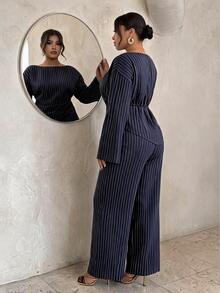 Firerie Plus Size Casual Commute Striped Shirt & Trousers Suit Set Elegant Office Business Work Striped Set For Women Fall/Winter Casual Elegant Going Out Set - Navy Blue - View 3