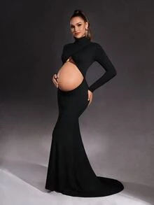 Cheriluna Maternity 孕妇高领镂空紧身长袖连衣裙，孕妇照 - 黑色 - 查看 1