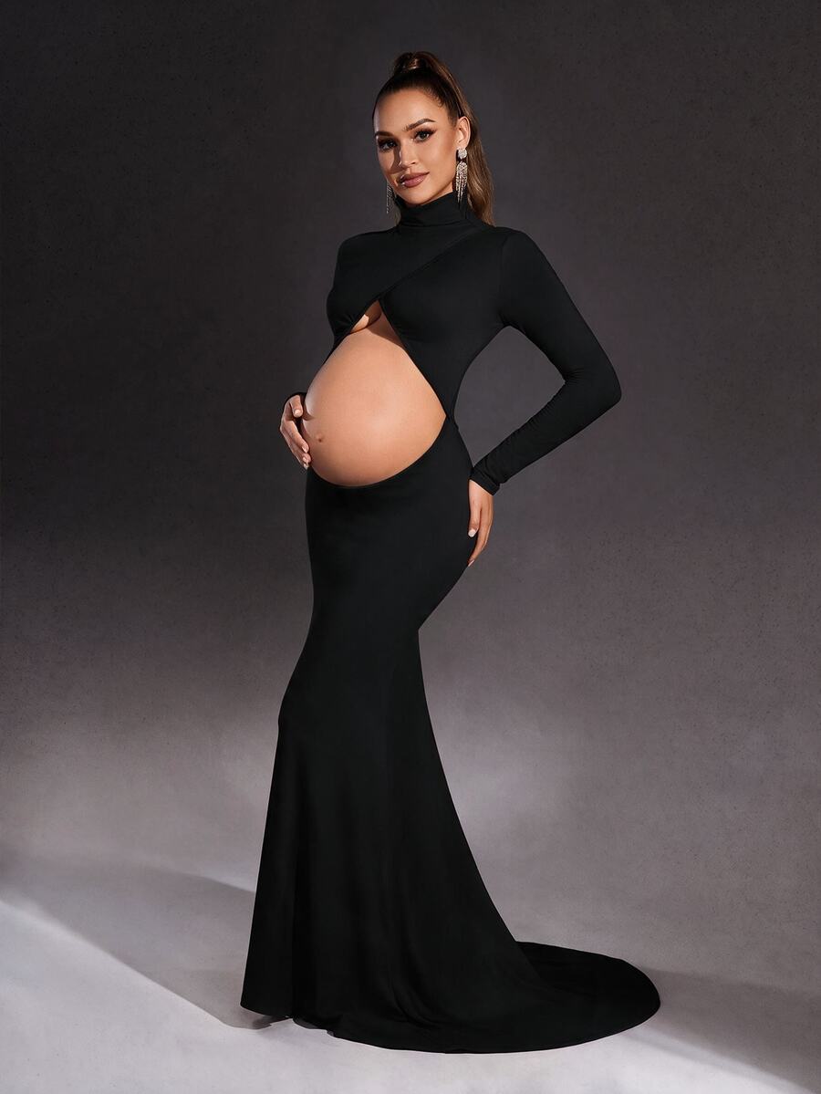 Cheriluna Maternity 孕妇高领镂空紧身长袖连衣裙,孕妇照 - 黑色 - 查看 1