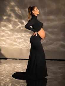 Cheriluna Maternity 孕妇高领镂空紧身长袖连衣裙，孕妇照 - 黑色 - 查看 4