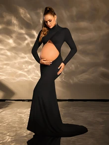 Cheriluna Maternity 孕妇高领镂空紧身长袖连衣裙，孕妇照 - 黑色 - 查看 5