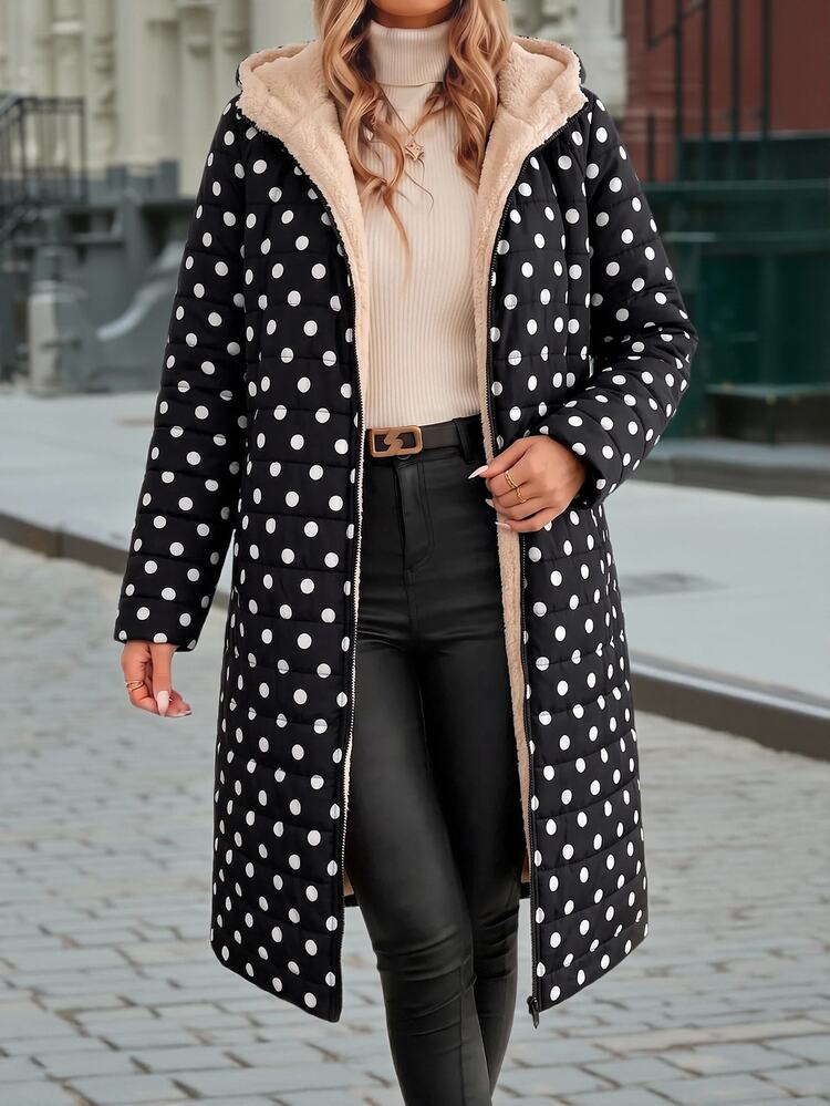 Editum Women's Polka Dot Zipper Hooded Casual Vintage 80s 90s Versatile Winter Padded Coat Outfit Everyday Travel Black And White Going Out Club - Black - View 9