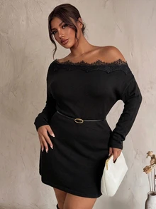 Firerie Plus Size Elegant Lace Trim Asymmetric Collar Knit Dress, Autumn/Winter - Black - View 5