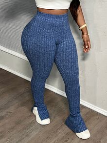 Slaydiva Casual Elastic Waist Ribbed Flared Leg Open Slit Bottoms, Navy Blue Lounge Autumn - Blue - View 6