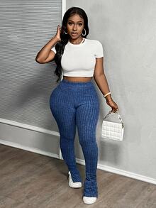 Slaydiva Casual Elastic Waist Ribbed Flared Leg Open Slit Bottoms, Navy Blue Lounge Autumn - Blue - View 5