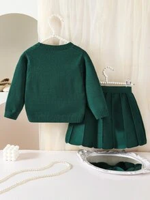 SHEIN 女童 2 件套針織套裝，花卉重工刺繡圓領套頭毛衣與裙子，柔軟深綠色甜美優雅田園風簡約休閒穿搭，適合秋冬旅行、外出、派對、戶外玩耍、野餐 - 綠色 - 查看 2
