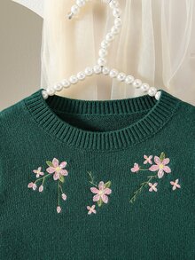 SHEIN 女童 2 件套針織套裝，花卉重工刺繡圓領套頭毛衣與裙子，柔軟深綠色甜美優雅田園風簡約休閒穿搭，適合秋冬旅行、外出、派對、戶外玩耍、野餐 - 綠色 - 查看 7