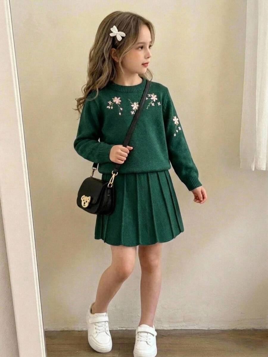 SHEIN 女童 2 件套針織套裝,花卉重工刺繡圓領套頭毛衣與裙子,柔軟深綠色甜美優雅田園風簡約休閒穿搭,適合秋冬旅行、外出、派對、戶外玩耍、野餐 - 綠色 - 查看 1
