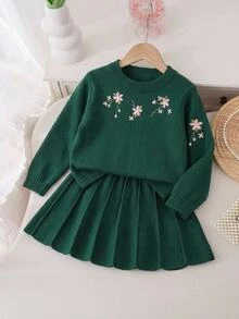 SHEIN 女童 2 件套針織套裝，花卉重工刺繡圓領套頭毛衣與裙子，柔軟深綠色甜美優雅田園風簡約休閒穿搭，適合秋冬旅行、外出、派對、戶外玩耍、野餐 - 綠色 - 查看 4