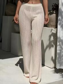 SHEIN Swim Basics Summer Beach Hollow Out Knitted See-Through Cover-Up Pants, Holiday - Apricot - View 4