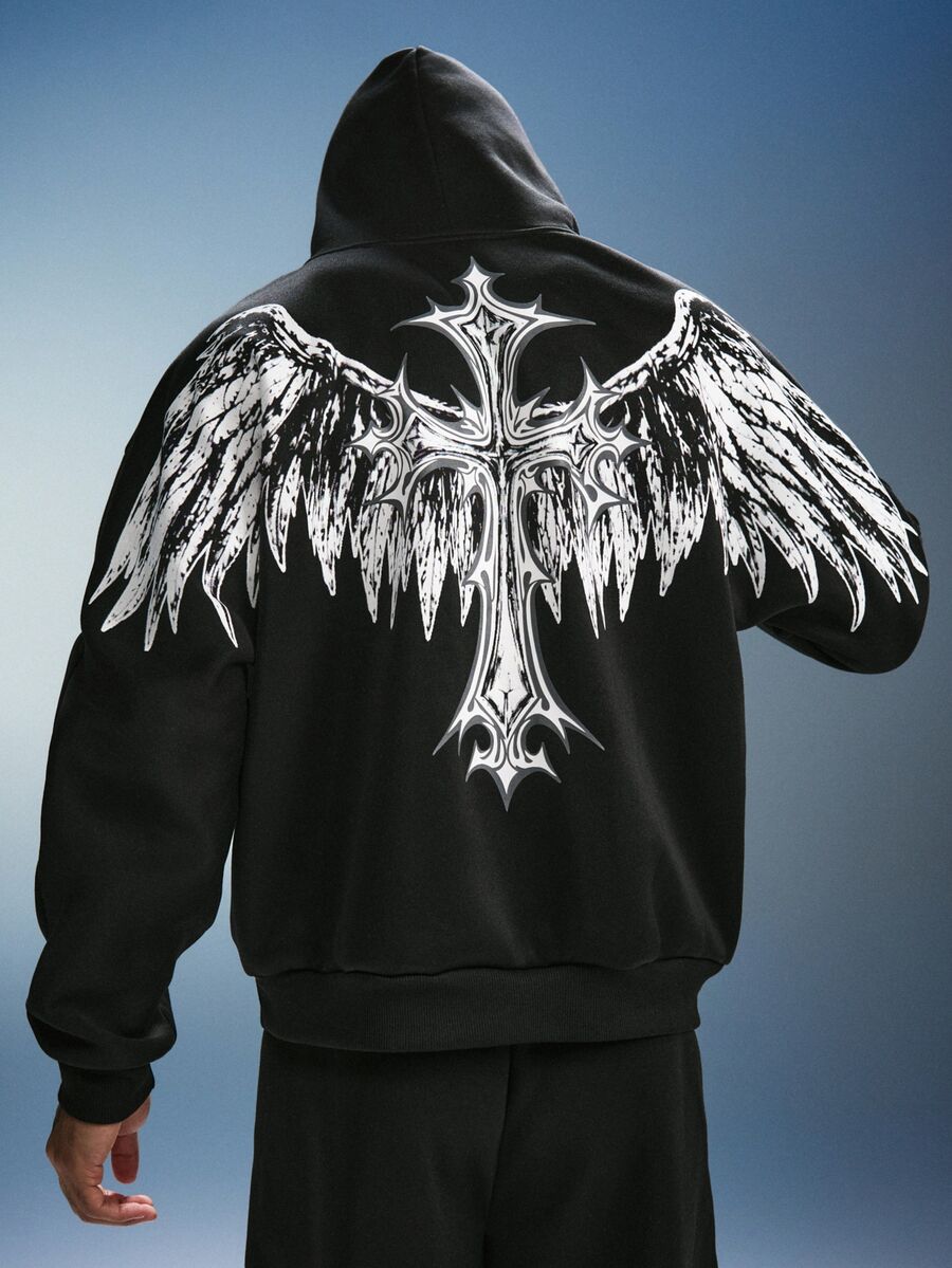 PAVTROS Men's Hoodie With Wing Print Pattern, Urban Renaissance Street Style Pullover, Casual Fashion Creative Personalized Streetwear - Black - View 1