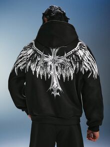 PAVTROS 男士連帽衛衣，翅膀印花圖案，都市文藝復興街頭風套頭衫，休閒時尚創意個性街頭穿搭 - 黑色 - 查看 6