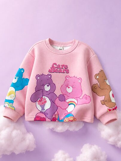 SHEIN X Care Bears 1 Pc Young Girl Young Girl Casual Versatile Colorful Cartoon Pattern Hooded Loose Long Sleeve Sweatshirt, Suitable For Daily Wear, Autumn/Winter, Indoor, Sports, Photos, Holidays, Birthdays
