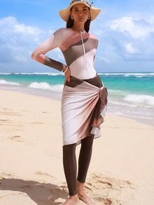 Swim Shayni 3pcs Set: Colorful Striped Print Crew Neck Long Sleeve Zip-Up Top, Solid Color Pants, Mesh Mini Skirt, Young & Fashionable Women Bikini Swimwear Set - Multicolor - View 3