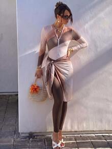 Swim Shayni 3pcs Set: Colorful Striped Print Crew Neck Long Sleeve Zip-Up Top, Solid Color Pants, Mesh Mini Skirt, Young & Fashionable Women Bikini Swimwear Set - Multicolor - View 1