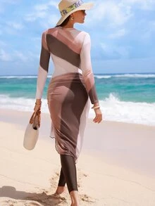 Swim Shayni 3pcs Set: Colorful Striped Print Crew Neck Long Sleeve Zip-Up Top, Solid Color Pants, Mesh Mini Skirt, Young & Fashionable Women Bikini Swimwear Set - Multicolor - View 2