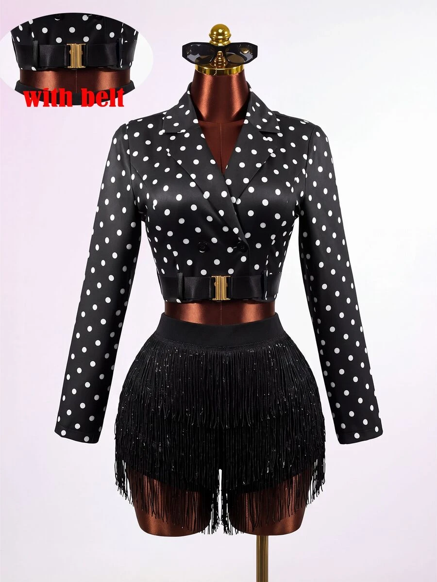 Mistrie Women's Polka Dot Pattern Long Sleeve Lapel Neck Cropped Fashion Jacket