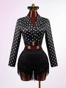 Mistrie Women's Polka Dot Pattern Long Sleeve Lapel Neck Cropped Fashion Jacket - Multicolor - View 5