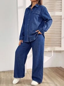 SHEIN 孕婦牛仔兩件套女裝 秋季 單排扣長袖寬鬆襯衫 可調腰長褲 牛仔女牛仔風 鈕扣開襟 寬鬆版型 - 藍色 - 查看 4