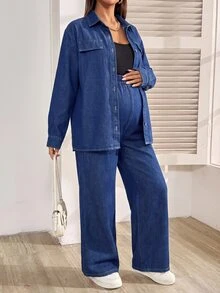 SHEIN 孕婦牛仔兩件套女裝 秋季 單排扣長袖寬鬆襯衫 可調腰長褲 牛仔女牛仔風 鈕扣開襟 寬鬆版型 - 藍色 - 查看 6