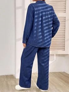 SHEIN 孕婦牛仔兩件套女裝 秋季 單排扣長袖寬鬆襯衫 可調腰長褲 牛仔女牛仔風 鈕扣開襟 寬鬆版型 - 藍色 - 查看 3