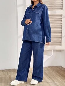 SHEIN 孕婦牛仔兩件套女裝 秋季 單排扣長袖寬鬆襯衫 可調腰長褲 牛仔女牛仔風 鈕扣開襟 寬鬆版型 - 藍色 - 查看 5