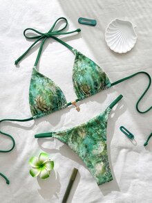 Elavelle 春假女士纯色吊带性感比基尼泳装套装 - 彩色 - 查看 2