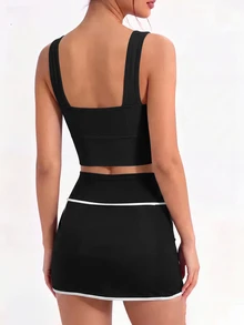Eassivo Eassivo 2pcs Set Olahraga Wanita: Bra Warna Polos dan Rok Celana Pendek dengan Belahan Samping - MultiWarna - View 4