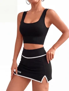 Eassivo Eassivo 2pcs Set Olahraga Wanita: Bra Warna Polos dan Rok Celana Pendek dengan Belahan Samping - MultiWarna - View 6