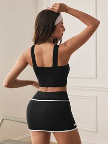 Eassivo Eassivo 2pcs Set Olahraga Wanita: Bra Warna Polos dan Rok Celana Pendek dengan Belahan Samping - MultiWarna - View 7