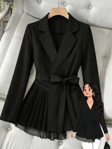 GlowEve CURVE Blazer Jala Kontras Hitam dengan Ikat Pinggang untuk Wanita Ukuran Plus - Hitam - View 3