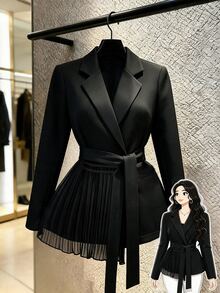 GlowEve CURVE Blazer Jala Kontras Hitam dengan Ikat Pinggang untuk Wanita Ukuran Plus - Hitam - View 1