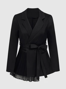GlowEve CURVE Blazer Jala Kontras Hitam dengan Ikat Pinggang untuk Wanita Ukuran Plus - Hitam - View 4