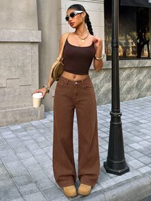 SHEIN Tall 女款字母印花口袋寬腿寬鬆休閒街頭風牛仔褲 牛仔女郎服飾 西部風格 萬聖節秋季校園穿搭 棕色與黃色 - 棕色 - 查看 4