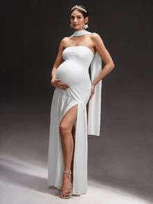Cheriluna Maternity 纯色无肩带长款开衩飘逸孕妇写真连衣裙 - 白色 - 查看 1