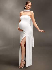 Cheriluna Maternity 纯色无肩带长款开衩飘逸孕妇写真连衣裙 - 白色 - 查看 7