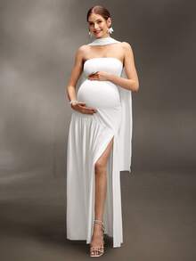 Cheriluna Maternity 纯色无肩带长款开衩飘逸孕妇写真连衣裙 - 白色 - 查看 6