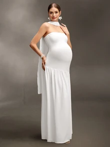 Cheriluna Maternity 纯色无肩带长款开衩飘逸孕妇写真连衣裙 - 白色 - 查看 5