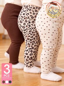 SHEIN 3件組女嬰緊身褲 可愛甜美棕色白色愛心豹紋 羅紋荷葉邊 中磅生日派對款 秋季萬聖節聖誕節 貼身彈性 - 彩色 - 查看 4