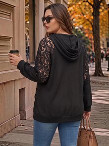 EMERY ROSE Plus Size Solid Color Lace Patchwork Sweatshirt Autumn Night Club Formal Formal Going Out Evening Black Casual Elegant Halloween - Black - View 2