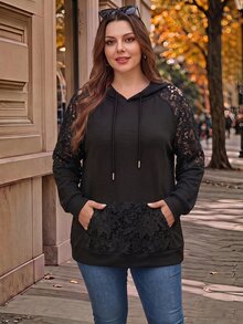 EMERY ROSE Plus Size Solid Color Lace Patchwork Sweatshirt Autumn Night Club Formal Formal Going Out Evening Black Casual Elegant Halloween - Black - View 6