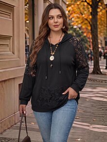 EMERY ROSE Plus Size Solid Color Lace Patchwork Sweatshirt Autumn Night Club Formal Formal Going Out Evening Black Casual Elegant Halloween - Black - View 4