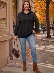 EMERY ROSE Plus Size Solid Color Lace Patchwork Sweatshirt Autumn Night Club Formal Formal Going Out Evening Black Casual Elegant Halloween - Black - View 3