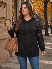 EMERY ROSE Plus Size Solid Color Lace Patchwork Sweatshirt Autumn Night Club Formal Formal Going Out Evening Black Casual Elegant Halloween - Black - View 1