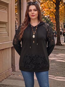 EMERY ROSE Plus Size Solid Color Lace Patchwork Sweatshirt Autumn Night Club Formal Formal Going Out Evening Black Casual Elegant Halloween - Black - View 5