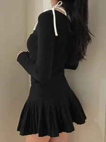 DAZY Patchwork Contrast Color 2 In 1 Slim Fit Long Sleeve Lace Tie Casual Vacation Korean Style Girl Spring Autumn Top Women T-Shirt - Black - View 2