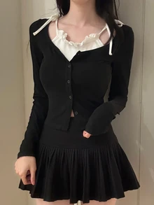 DAZY Patchwork Contrast Color 2 In 1 Slim Fit Long Sleeve Lace Tie Casual Vacation Korean Style Girl Spring Autumn Top Women T-Shirt - Black - View 3
