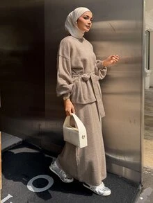 DAZY Autumn/Winter Round Neck Oatmeal Color Knitted Loose Tie Waist Top And Matching Long Skirt, Lazy Elegant Commute Women's Sweater 2 Pieces Set - Khaki - View 5