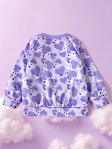 SHEIN X Care Bears 1件少女休閒百搭紫色可愛卡通愛心熊圖案圓領插肩袖寬鬆長袖套頭運動衫，適合日常穿著、秋冬、室內、運動、攝影、節慶、生日 - 紫色 - 查看 2